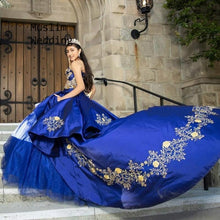 Load image into Gallery viewer, Royal Blue Quinceanera Dresses Mexican Gold Lace Sweet 16 Dress Puffy Taffeta Ball Gown Prom Dresses Corset vestido de 15 anos