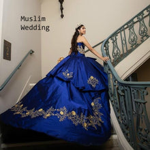 Load image into Gallery viewer, Royal Blue Quinceanera Dresses Mexican Gold Lace Sweet 16 Dress Puffy Taffeta Ball Gown Prom Dresses Corset vestido de 15 anos