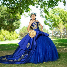 Load image into Gallery viewer, Royal Blue Quinceanera Dresses Mexican Gold Lace Sweet 16 Dress Puffy Taffeta Ball Gown Prom Dresses Corset vestido de 15 anos