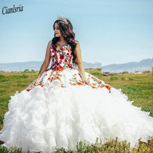 Load image into Gallery viewer, White Sleeveless Ruffles Tiered Skirt Mexican Ball Gown Quinceanera Dresses Sweetheart Embroidery Sweet 15 Prom Party Dress