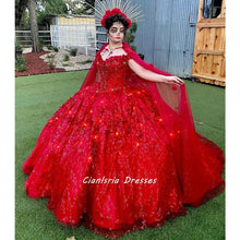 Load image into Gallery viewer, Red Off The Shoulder Ball Gown Quinceanera Dresses With Cloak Handmade Flowers Crystal Mexican Vestido De 15 Anos Sweet 16