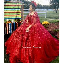 Load image into Gallery viewer, Red Off The Shoulder Ball Gown Quinceanera Dresses With Cloak Handmade Flowers Crystal Mexican Vestido De 15 Anos Sweet 16