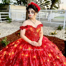 Load image into Gallery viewer, Red Off The Shoulder Ball Gown Quinceanera Dresses With Cloak Handmade Flowers Crystal Mexican Vestido De 15 Anos Sweet 16