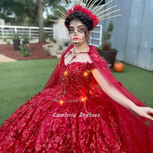 Load image into Gallery viewer, Red Off The Shoulder Ball Gown Quinceanera Dresses With Cloak Handmade Flowers Crystal Mexican Vestido De 15 Anos Sweet 16