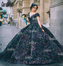 Load image into Gallery viewer, Sparkle Colorful Mexican Quinceanera Dresses Sequin Off The Shoulder Puffy Skirt Sweet 16 Prom Gowns abiti da cerimonia