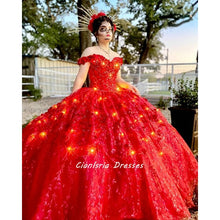 Load image into Gallery viewer, Red Off The Shoulder Ball Gown Quinceanera Dresses With Cloak Handmade Flowers Crystal Mexican Vestido De 15 Anos Sweet 16