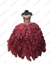 Load image into Gallery viewer, Gorgeous 2022 Off the shoulder Burgundy and Gold Lace Embroidered Ball Gown Quinceanera Formal Graduation Dresses Mexican Charro