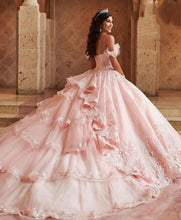Load image into Gallery viewer, Mexican Sweet 16 Pink Quinceanera Dresses Lace Applique Ruffles Train Ball Gown Prom Dress Crystal vestidos de 15 años