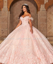 Load image into Gallery viewer, Mexican Sweet 16 Pink Quinceanera Dresses Lace Applique Ruffles Train Ball Gown Prom Dress Crystal vestidos de 15 años