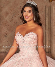 Load image into Gallery viewer, Mexican Sweet 16 Pink Quinceanera Dresses Lace Applique Ruffles Train Ball Gown Prom Dress Crystal vestidos de 15 años