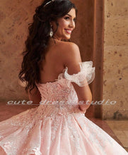 Load image into Gallery viewer, Mexican Sweet 16 Pink Quinceanera Dresses Lace Applique Ruffles Train Ball Gown Prom Dress Crystal vestidos de 15 años