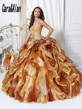 Load image into Gallery viewer, Mexican Gold Quinceanera Dresses Crystal Beaded Ruffles Organza Spaghetti Straps Vestidos De 15 Años Custom Made Sweet 16 Gowns