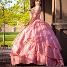 Load image into Gallery viewer, Watermelon Sweet 16 Quinceanera Dresses Lace Applique Off Shoulder Pageant Dress Tiered Skirt Mexican Girls Birthday Gowns