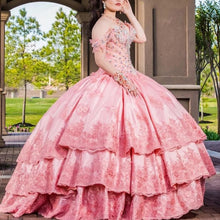 Load image into Gallery viewer, Watermelon Sweet 16 Quinceanera Dresses Lace Applique Off Shoulder Pageant Dress Tiered Skirt Mexican Girls Birthday Gowns