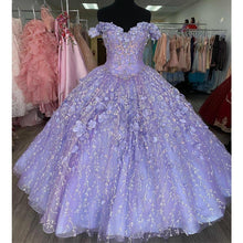 Load image into Gallery viewer, Romantic Lavender 3D Floral Flowers 2021 Mexican Quinceanera Prom Dresses Charro Off Shoulder Ball Gown Sweet 16 Dress Vestidos