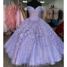 Load image into Gallery viewer, Romantic Lavender 3D Floral Flowers 2021 Mexican Quinceanera Prom Dresses Charro Off Shoulder Ball Gown Sweet 16 Dress Vestidos