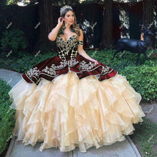 Load image into Gallery viewer, Burgundy Velvet Quinceanera Champagne Organza Dresses Off the Shoulder Puffy Ruffles Sweet 15-Dress Embroidery Graduate Engage