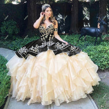 Load image into Gallery viewer, Burgundy Velvet Quinceanera Champagne Organza Dresses Off the Shoulder Puffy Ruffles Sweet 15-Dress Embroidery Graduate Engage
