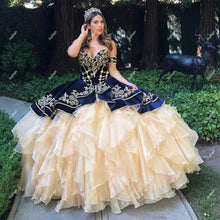 Load image into Gallery viewer, Burgundy Velvet Quinceanera Champagne Organza Dresses Off the Shoulder Puffy Ruffles Sweet 15-Dress Embroidery Graduate Engage