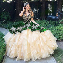 Load image into Gallery viewer, Burgundy Velvet Quinceanera Champagne Organza Dresses Off the Shoulder Puffy Ruffles Sweet 15-Dress Embroidery Graduate Engage