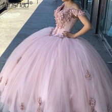Load image into Gallery viewer, Fanshao Pink Quinceanera Dresses 3D Flowers Appliques Lace Off The Shoulder For 15 Girls Ball Formal Gowns Puffy Tulle