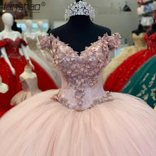 Load image into Gallery viewer, Fanshao Pink Quinceanera Dresses 3D Flowers Appliques Lace Off The Shoulder For 15 Girls Ball Formal Gowns Puffy Tulle