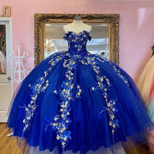 Load image into Gallery viewer, Royal Blue Ball Gown Quinceanera Dresses 3D FLowers Girl Sweet 16 Party Gowns Off the Shoulder vestidos de quinceañera