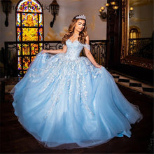 Load image into Gallery viewer, Light Blue Princess Quinceanera Dresses Off Shoulder Lace Appliques Ball Gown Sweet 16 Dresses vestidos de 15 años Custom Made