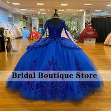 Load image into Gallery viewer, Dark Blue V Neck Ball Gown Quinceanera Dresses Long Sleeves Sequins Tulle Sweet 16 Party Dress Vestidos De Quinceañera 15 Años