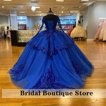 Load image into Gallery viewer, Dark Blue V Neck Ball Gown Quinceanera Dresses Long Sleeves Sequins Tulle Sweet 16 Party Dress Vestidos De Quinceañera 15 Años