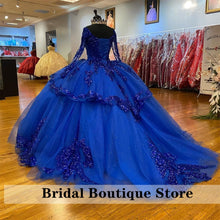 Load image into Gallery viewer, Dark Blue V Neck Ball Gown Quinceanera Dresses Long Sleeves Sequins Tulle Sweet 16 Party Dress Vestidos De Quinceañera 15 Años