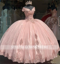 Load image into Gallery viewer, Lace Off The Shoulder Quinceanera Dress Pink Ball Gown Princess Sweet 16 Dresses Vestidos De 15 Anos 2021