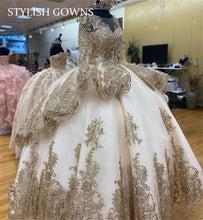 Load image into Gallery viewer, Champagne O Neck Quinceanera Dress Ball Gown Tiered Long Sleeve Beading Formal Prom Gowns Sweet 16 Dresses Birthday Gowns