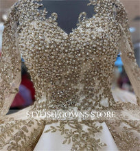Load image into Gallery viewer, Champagne O Neck Quinceanera Dress Ball Gown Tiered Long Sleeve Beading Formal Prom Gowns Sweet 16 Dresses Birthday Gowns