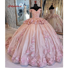 Load image into Gallery viewer, Pink Lace Quinceanera Dresses Plus Size Ball Gown Masquerade Princess Girl Beads Flowers Long Sweet 16 Prom Dresses for 15 Years