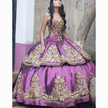 Load image into Gallery viewer, Traditional Purple Quinceanera Dress Ball Gown Gold Lace Beads Puffy Prom Dess Princesa Sweet 16 Dress Vestidos
