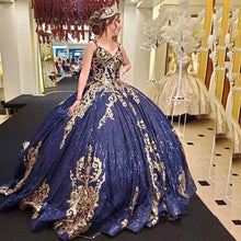 Load image into Gallery viewer, Sequined Gold Lace Quinceanera Dress Ball Gown Sweet 15 Dress Lace Up vestidos de xv 15 años