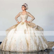 Load image into Gallery viewer, Champagne Quinceanera Dresses Ball Gown Scoop Long Sleeves Appliques Lace Sequins Girl Sweet 16 Party Dresses