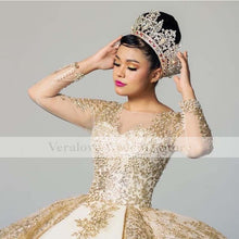 Load image into Gallery viewer, Champagne Quinceanera Dresses Ball Gown Scoop Long Sleeves Appliques Lace Sequins Girl Sweet 16 Party Dresses