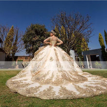 Load image into Gallery viewer, Champagne Quinceanera Dresses Ball Gown Scoop Long Sleeves Appliques Lace Sequins Girl Sweet 16 Party Dresses