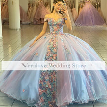 Load image into Gallery viewer, Handmade Flowers Quinceanera Dress 2020 Off Shoulder Light Sky Blue Prom Party for Girl Graduation Wear