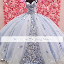 Load image into Gallery viewer, Luxury Quinceanera Dress Flowers Off Shoulder Light Blue Pink Princess Girl Prom Dress Appliques Vestidos De Xv Años