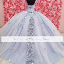 Load image into Gallery viewer, Luxury Quinceanera Dress Flowers Off Shoulder Light Blue Pink Princess Girl Prom Dress Appliques Vestidos De Xv Años