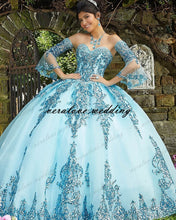Load image into Gallery viewer, Blue Sparkly Ball Gown Quinceanera Dresses Detachable Sleeves Sweetheart Sequines Applique Sweet 16 Dress Party Wear