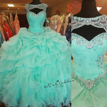 Load image into Gallery viewer, Turquoise Quinceanera Dresses 2020 Sage Cheap Quinceanera Debutante Gowns Organza Ruffles Crystals Prom Sweet 16 Dress Beads