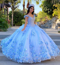 Load image into Gallery viewer, Light Sky Blue Quinceanera Dresses Ball Gown Off Shoulder 3D Rose Flowers Puffy Sweet 16 Dress Celebrity Party Gowns Graduation