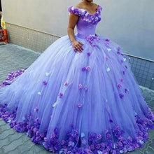 Load image into Gallery viewer, Off Shoulder Quinceanera Dresses Flowers Puffy Ball Gown Orange Tulle Court Train Sweet 16 Birthday Party Girls Bridal Gowns