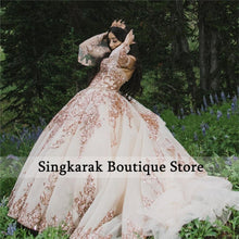 Load image into Gallery viewer, Champagne Sparkly Ball Gown Quinceanera Dresses 2022 Sweetheart Sequines Applique Sweet 15 16 Dress Party Wear Lace-up
