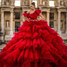Load image into Gallery viewer, Gorgeous Princess Red Wedding Dresses Tiered Ruffle Ball Gown One Shoulder Open Back Bridal Gowns Plus Size Vestido De Noiva