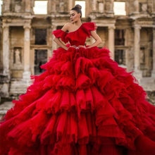 Load image into Gallery viewer, Gorgeous Princess Red Wedding Dresses Tiered Ruffle Ball Gown One Shoulder Open Back Bridal Gowns Plus Size Vestido De Noiva